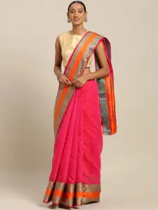 SANGAM PRINTS Magenta Pink & Orange Silk Cotton Solid Handloom Saree