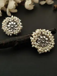 Binnis Wardrobe Silver-Plated Kundan Stone Studded Floral Oxidised Studs