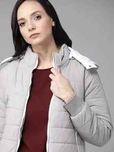 Roadster Women Grey Solid Bomber Jacket with Detachable Hood