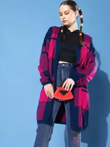 Roadster Women Navy Blue & Pink Self Checked Longline Front-Open Sweater