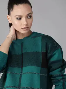 Roadster Women Green & Black Self Checked Sweater