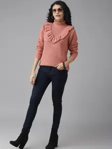 Roadster Women Dusty Pink Ribbed Pullover Sweater