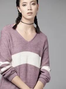 Roadster Women Purple and Off-White Colourblocked Pullover Sweater