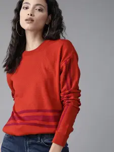 Roadster Women Rust Orange & Magenta Striped Detail Pullover Sweater