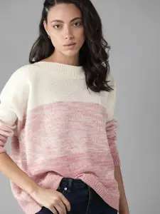 Roadster Women Off-White & Pink Self Design Pullover Sweater