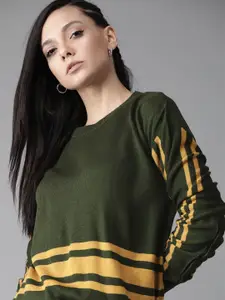 Roadster Women Olive Green & Yellow Striped Detail Sweater