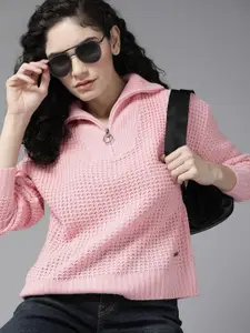 Roadster Women Pink Mock Collar Knitted Pullover Sweater