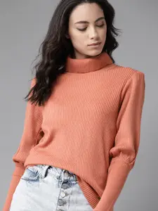 Roadster Women Coral Orange Striped Pullover Sweater
