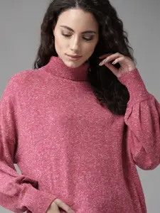 Roadster Women Pink Self Design Turtle Neck Pullover Sweater
