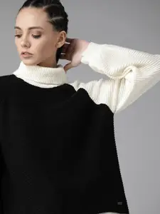 Roadster Women Black & Cream-Coloured Self Striped Pullover Sweater