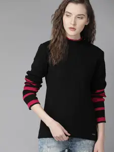Roadster Women Black Ribbed Pullover Sweater