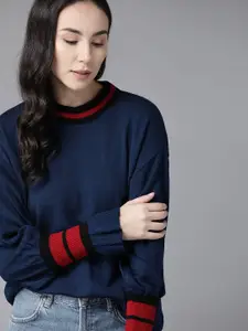 Roadster Women Navy Blue Solid Acrylic Sweater