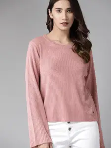 Roadster Women Pink Ribbed Pullover Sweater