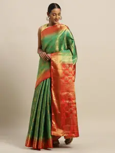 SANGAM PRINTS Green & Gold-Toned Pure Silk Woven Design Handloom Maheshwari Saree