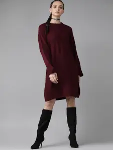 Roadster Women Maroon Self-Striped Jumper Dress