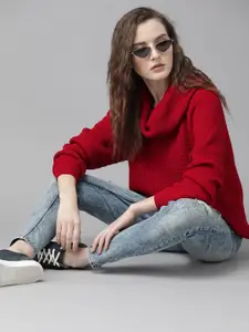 Roadster Women Red Ribbed Pullover Sweater