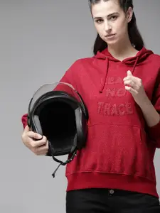 Roadster Roadster Women Maroon Embroidered Hooded Sweatshirt