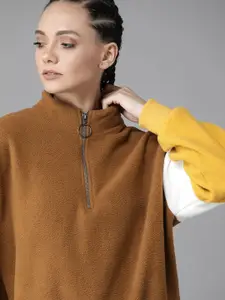 Roadster Women Mustard Brown Solid Fleece Sweatshirt
