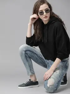 Roadster Women Black Solid Hooded Sweatshirt