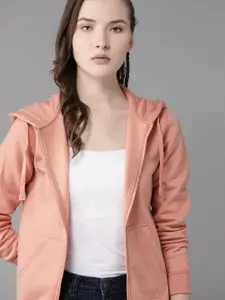Roadster Women Peach-Coloured Solid Hooded Sweatshirt