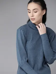 Roadster Women Blue Ribbed Puff Sleeves Pullover