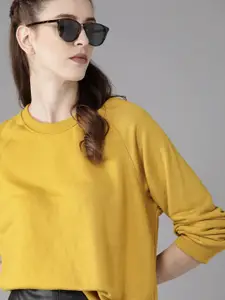 Roadster Women Mustard Yellow Solid Oversized Sweatshirt