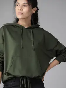 Roadster Women Olive Green Solid Hooded Sweatshirt