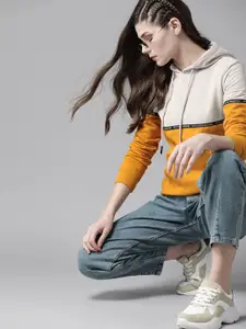 Roadster Women Mustard Yellow & Beige Colourblocked Hooded Sweatshirt
