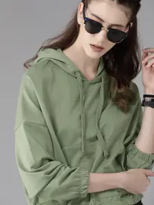 Roadster Women Olive Green Solid Hooded Oversized Sweatshirt