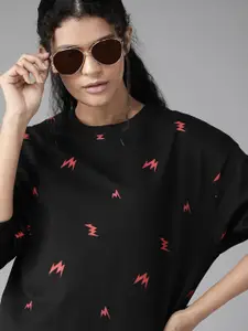 Roadster Women Black & Red Boxy Printed Sweatshirt
