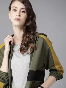 Roadster Women Olive Green & Black Colourblocked Hooded Sweatshirt