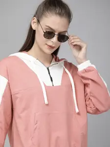 Roadster Women Pink & White Colourblocked Hooded Pullover Sweatshirt
