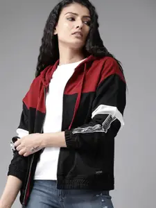 Roadster Women Black & Maroon Colourblocked Hooded Sweatshirt
