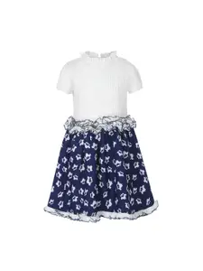 StyleStone Girls White & Navy Blue Printed Fit and Flare Dress