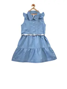StyleStone Girls Blue Solid Denim Shirt Dress