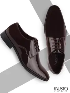 FAUSTO Men Burgundy Solid Patent Leather Party Derbys