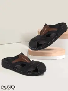 FAUSTO Men Black & Brown Colourblocked Comfort Sandals