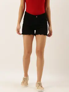 DressBerry Women Black Solid Regular Fit Denim Shorts With Raw Edges