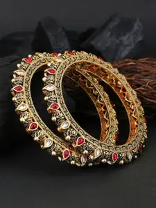 Adwitiya Collection Set of 2 Gold-Plated Red & White Stone-Studded Handcrafted Bangles