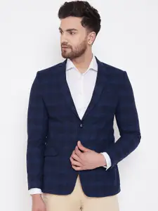 Spirit Men Blue Checked Tailored-Fit Single-Breasted Formal Blazer