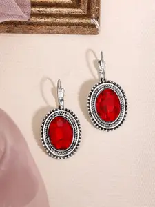 Rubans Red Oxidized Silver-Plated Handcrafted Oval Drop Earrings