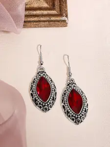 Rubans Silver-Plated & Red Teardrop Shaped Oxidised Handcrafted Drop Earrings