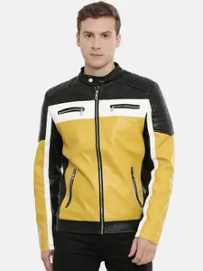 SHOWOFF Men Yellow & Black Colourblocked Water Resistant Biker Jacket