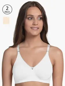 Enamor Pack Of 2 White & Nude-Coloured Solid Non-Wired Non Padded T-shirt Bra