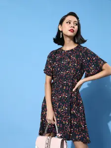 DressBerry Women Navy Blue & Maroon Floral Printed A-Line Dress