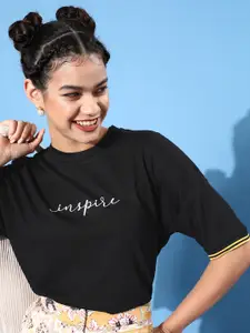 DressBerry Women Stylish Black Solid Joyful Conversation Tshirt