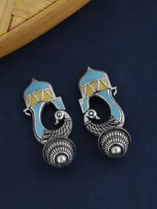 Voylla Silver-Plated & Blue Peacock Shaped Drop Earrings