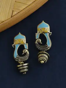 Voylla Gold-Plated & Blue Peacock Shaped Drop Earrings