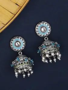 Voylla Silver-Toned & Turquoise Blue Dome Shaped Jhumkas