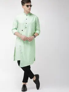 The Indian Garage Co Men Green & White Checked Asymmetric Straight Kurta